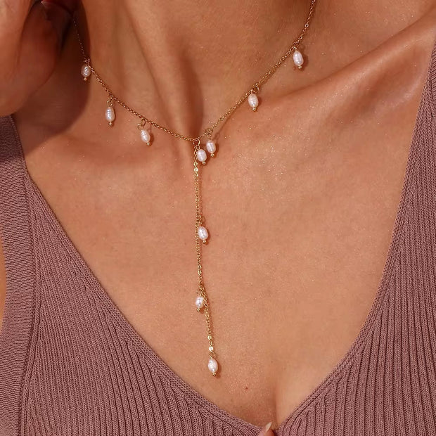 Valentines Fresh Water Pearls Tassel Necklace 18K Gold Plated Stainless Steel Chain Charm Necklace