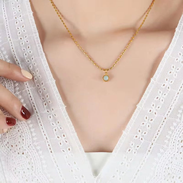 Vintage Style Design Oval Shaped Beaded Metal Chain Natural Stone Pendant Stainless Steel Necklace Jewelry for Women
