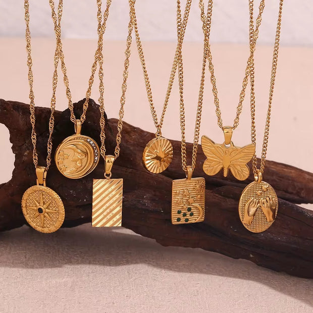 Valentine'S Day Jewelry Engraved Tarot Pendant Necklace 18K Gold Plated Stainless Steel Jewelry Set