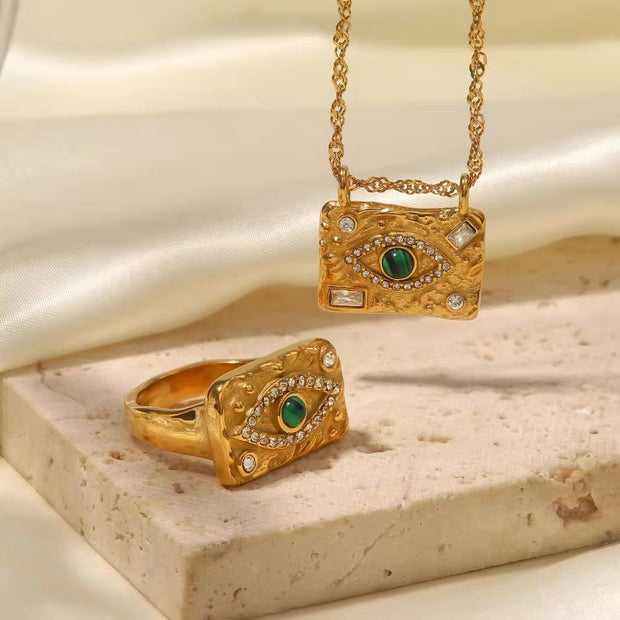 Waterproof 18K Gold Plated Stainless Steel Rings Jewelry Set Cubic Zirconia Malachite Eye Pendant Necklace