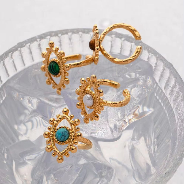 18K Gold Plated Stainless Steel Design Finger Natural Turquoise Malachite Tiger Eyes Stone Evil Eyes Rings