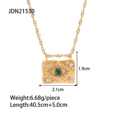 Waterproof 18K Gold Plated Stainless Steel Rings Jewelry Set Cubic Zirconia Malachite Eye Pendant Necklace