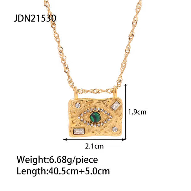 Waterproof 18K Gold Plated Stainless Steel Rings Jewelry Set Cubic Zirconia Malachite Eye Pendant Necklace