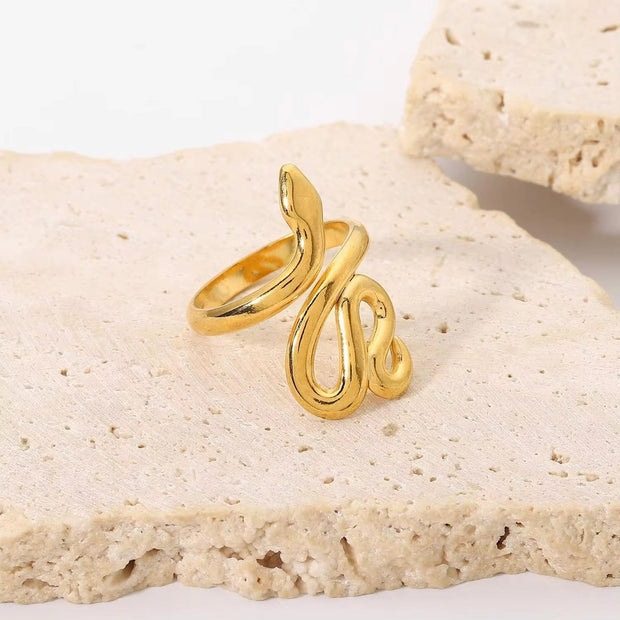 18K Gold Plated Stainless Steel Snake Dainty Design Trendy High Polished Adjustable Rings Hip Hop
