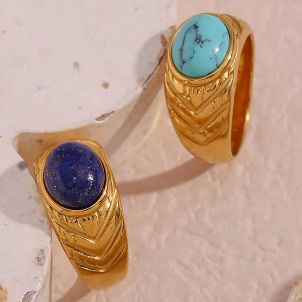 Vintage Dome Ring Engraved Gemstone Rings PVD Gold Plated Stainless Steel Statement Ring