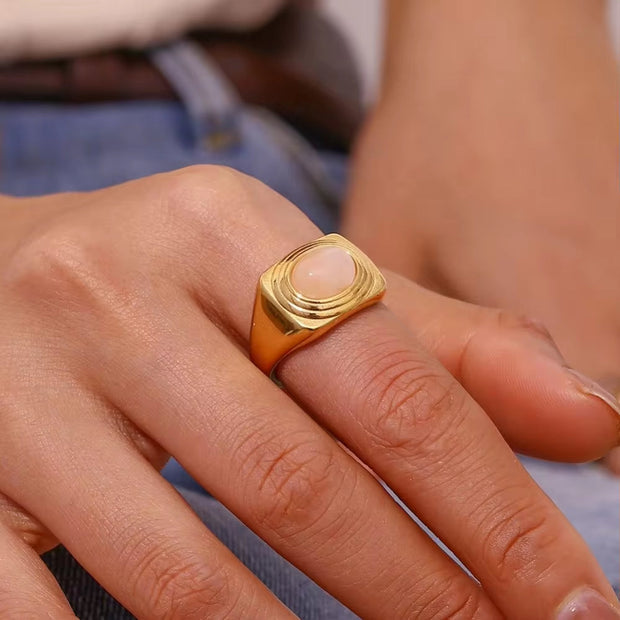 Vintage Water Proof Jewelry Gemstone Signet Rings PVD Gold Plated Stainless Steel Statement Ring