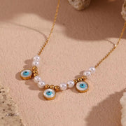 Turquoise Jewelry Imitation Pearl Evil Eye Jewelry Gold Plated Stainless Steel Charm Necklace