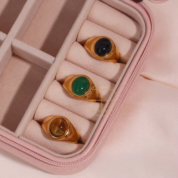 Vintage Black Brown Emarald Gemstone Ring in Titanium 18K Gold Plated Stainless Steel Opal Rings for Women Jewelry