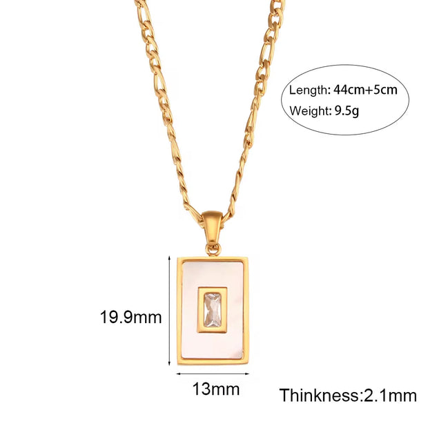 Vintage Square Acrylic Zircon Pendant Necklace 18K Gold Plated Stainless Steel Figaro Chain Necklace