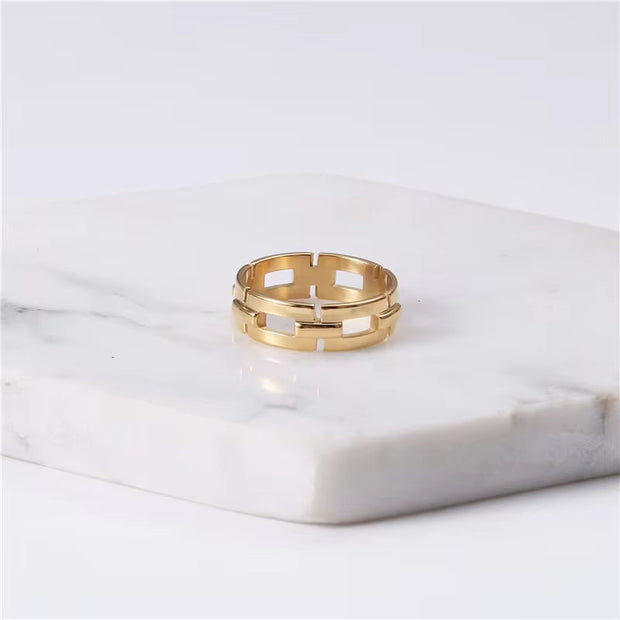 Water Proof 18K Plain Gold Chain Shape Hollow Ring Stainless Steel Trendy Simple Gold Plated Jewelry