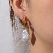 Vintage Baroque Pearl Charms Hypoallergenic Tarnish Free Stainless Steel Gold Hoop Earrings for Women