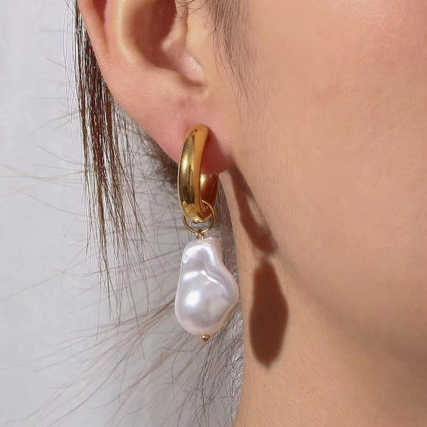 Vintage Baroque Pearl Charms Hypoallergenic Tarnish Free Stainless Steel Gold Hoop Earrings for Women