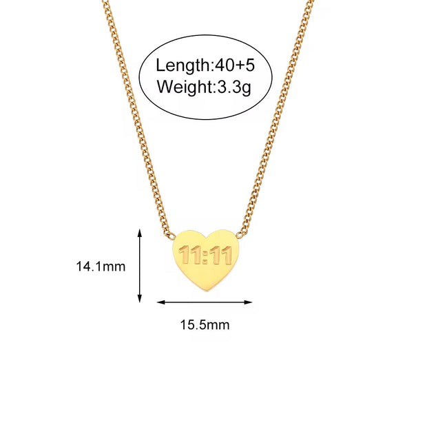 11:11 Heart Pendant Necklace Gold Plated Stainless Steel Jewelry Custom Collier En Acier Inoxydable