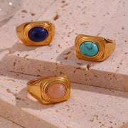 Vintage Water Proof Jewelry Gemstone Signet Rings PVD Gold Plated Stainless Steel Statement Ring