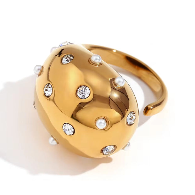 Water Drop Open Ring Colorful Crystal Rhinestone Pearl Ring Gold Plated Jewelry Stainless Steel Jewelry Custom