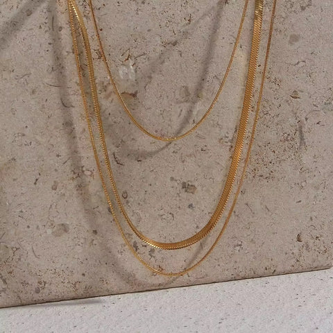 18K Gold Plated Three Layers Snake Chain Necklace Tarnish Free 316L Stainless Steel Choker Necklace