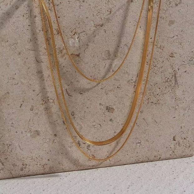 18K Gold Plated Three Layers Snake Chain Necklace Tarnish Free 316L Stainless Steel Choker Necklace
