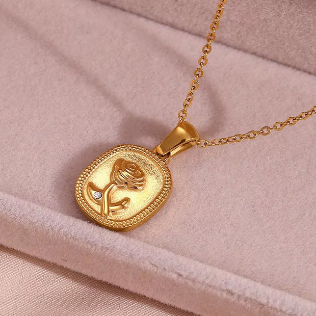 Valentines Day Gift Wholesale Dainty Engraved Rose Pendant Necklace Gold Plated Stainless Steel Necklace