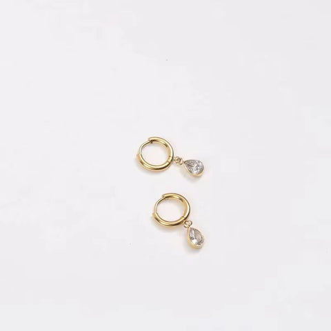 18K Gold Plated Earrings Stainless Steel Waterdrop Zircon Hoop Earring for Girls FJE0176