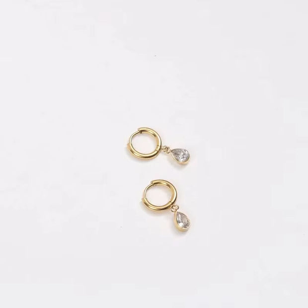 18K Gold Plated Earrings Stainless Steel Waterdrop Zircon Hoop Earring for Girls FJE0176