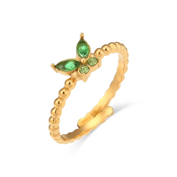 18K Gold Plated Stainless Steel Adjustable Zircon Butterfly Rings for Women Non Tarnish Jewelry