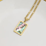 Tarnish Free Square Pendant 18K Gold Plating White & Green & Abalone Shell Figaro Chain Stainless Steel Necklace