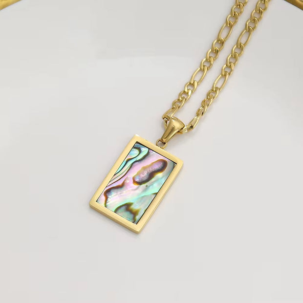 Tarnish Free Square Pendant 18K Gold Plating White & Green & Abalone Shell Figaro Chain Stainless Steel Necklace