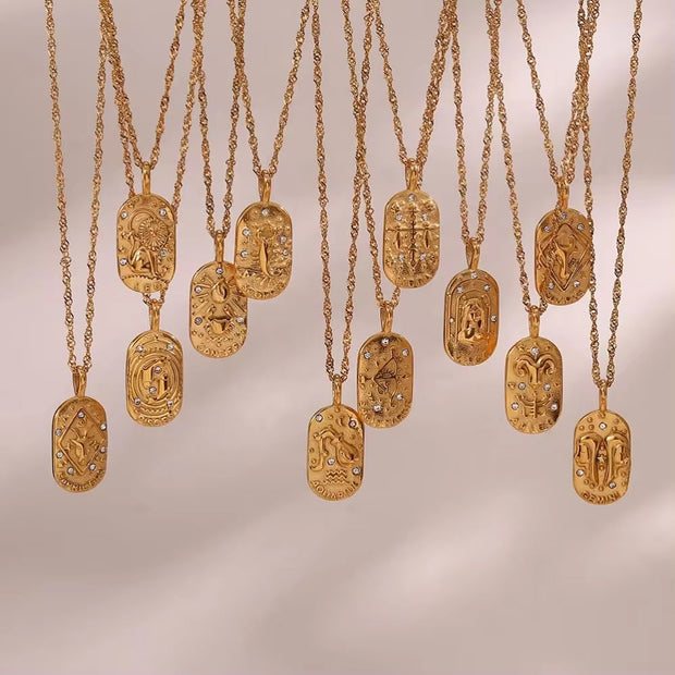 Vintage Embossment 12 Zodiac Signs Zircon Pendant Necklace 18K Gold Plated Stainless Steel Necklace for Women