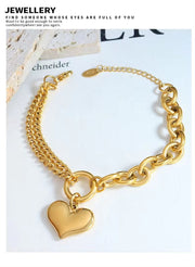 18K Gold Chunky Heart Curb Splicing Stainless Steel Smooth Double Layer Heart Chains Bracelet Women