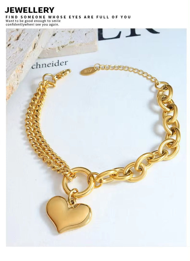 18K Gold Chunky Heart Curb Splicing Stainless Steel Smooth Double Layer Heart Chains Bracelet Women