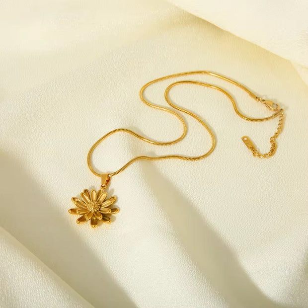 18K Gold Flower Necklace Stainless Steel Double Layer Gold Colors Daisy Flower Pendant Necklace for Women