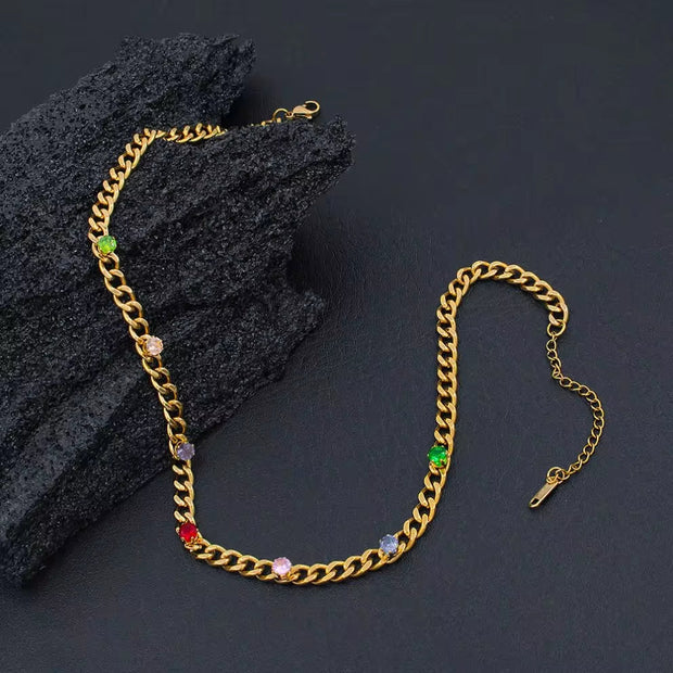 USENSEN 18K Gold Plated Stainless Steel Jewelry Colorful Zircon Cuban Chain Chokers Necklace Do Not Fade Emerald Necklaces