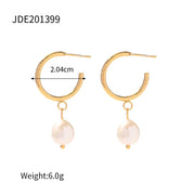 18K Gold Planted Pearl CC Texture Hoop Earring Nontarnish Stainless Steel Pearl Hoop Earring for Women