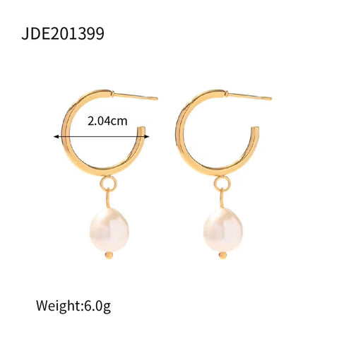 18K Gold Planted Pearl CC Texture Hoop Earring Nontarnish Stainless Steel Pearl Hoop Earring for Women