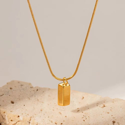 Waterproof 18K PVD Gold Plated Thin Snake Chain Simple Stainless Steel Brick Square Pendant Necklace for Women