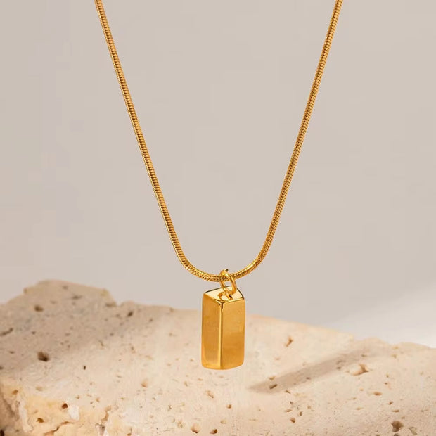 Waterproof 18K PVD Gold Plated Thin Snake Chain Simple Stainless Steel Brick Square Pendant Necklace for Women