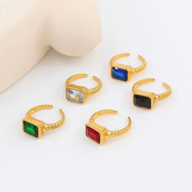 Women Non Tarnish Finger Jewelry 18K Gold Plated Stainless Steel Blue Clear White Cubic Zirconia Zircon Open Ring