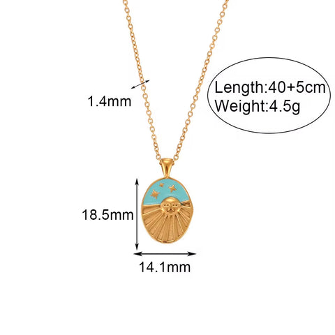 Vintage Oval Shape Enamel Sun Star Design Pendant Necklace Tarnish Free 18K Gold Plated Stainless Steel Necklace