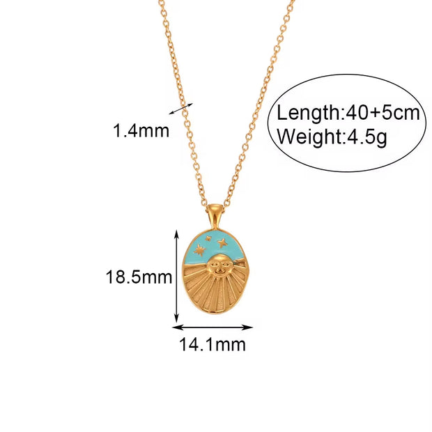 Vintage Oval Shape Enamel Sun Star Design Pendant Necklace Tarnish Free 18K Gold Plated Stainless Steel Necklace