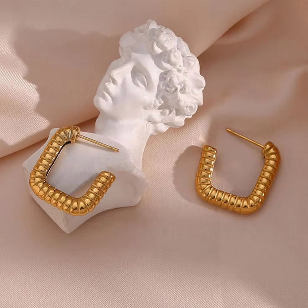 Vintage Gold Plated Texture Geometric Hoop Earring Non Tarnish 316L Stainless Steel Hoop Earring