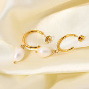 18K Gold Planted Pearl CC Texture Hoop Earring Nontarnish Stainless Steel Pearl Hoop Earring for Women