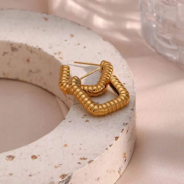 Vintage Gold Plated Texture Geometric Hoop Earring Non Tarnish 316L Stainless Steel Hoop Earring