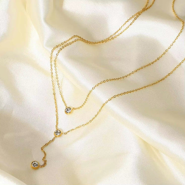 18K Gold Stainless Steel Y Shaped Dainty Chain Double Layer Shiny Cubic Zirconia Lariat Necklaces