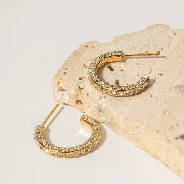 Waterproof 18K Gold Plated CZ Stone Earring Stainless Steel Pave Clear Cubic Zirconia CC Hoop Earring for Girls