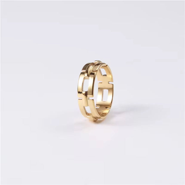 Water Proof 18K Plain Gold Chain Shape Hollow Ring Stainless Steel Trendy Simple Gold Plated Jewelry