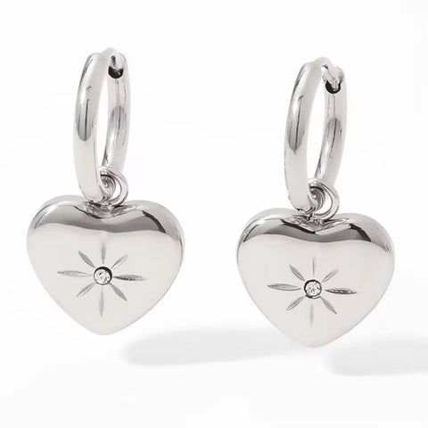 Wholesale Custom Pvd 18K Gold Plated Stainless Steel Jewelry North Star Heart Dangle Charm Hoop Earrings