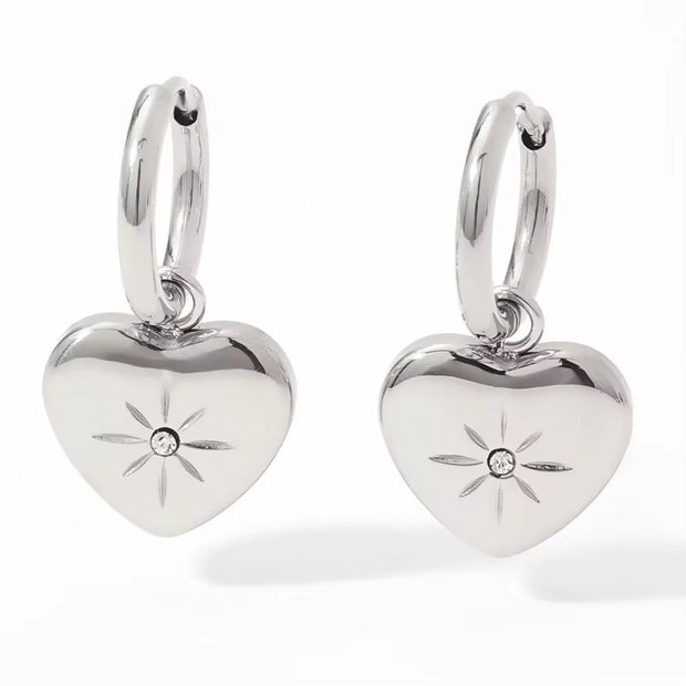 Wholesale Custom Pvd 18K Gold Plated Stainless Steel Jewelry North Star Heart Dangle Charm Hoop Earrings