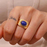 Vintage Water Proof Jewelry Gemstone Signet Rings PVD Gold Plated Stainless Steel Statement Ring