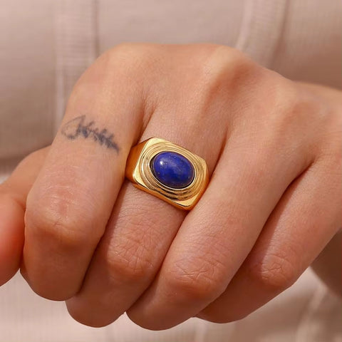 Vintage Water Proof Jewelry Gemstone Signet Rings PVD Gold Plated Stainless Steel Statement Ring