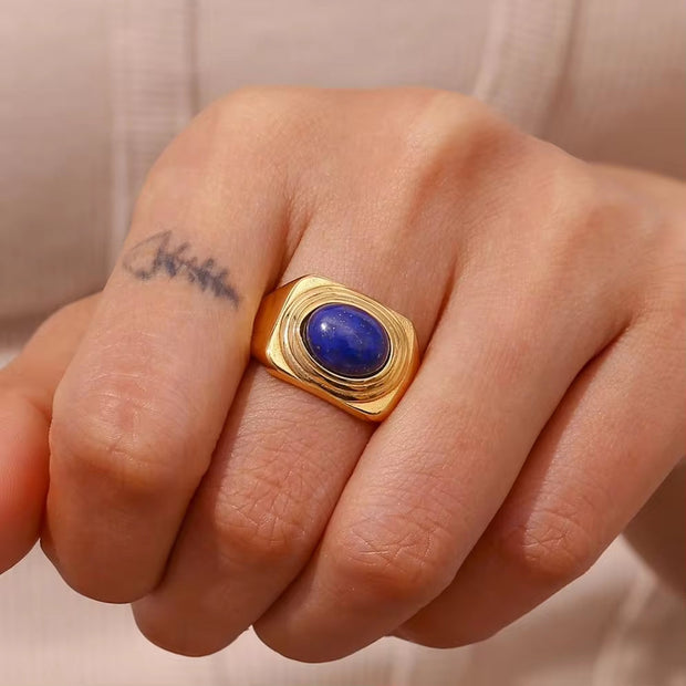 Vintage Water Proof Jewelry Gemstone Signet Rings PVD Gold Plated Stainless Steel Statement Ring